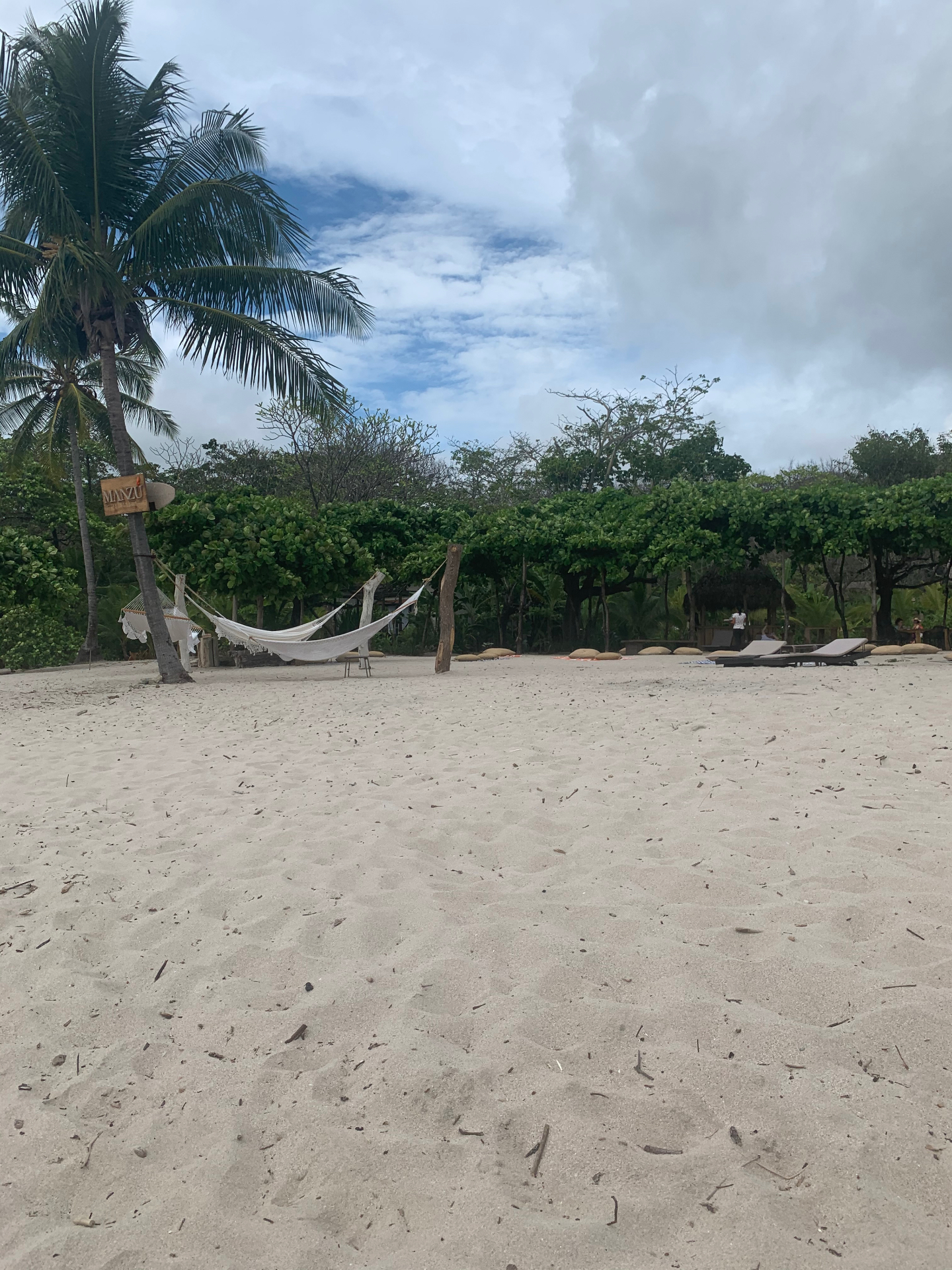 White hammocks strung between palm trees on a Costa Rican beach