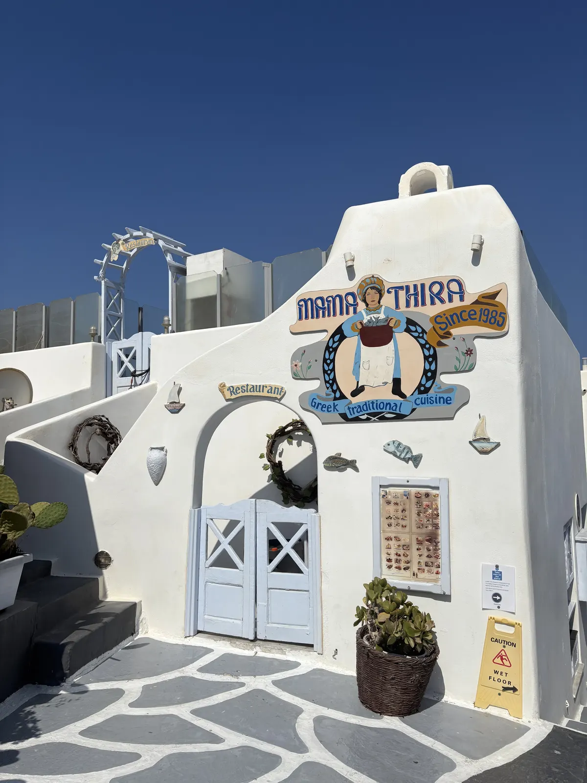 A blue-and-white taverna in Santorini