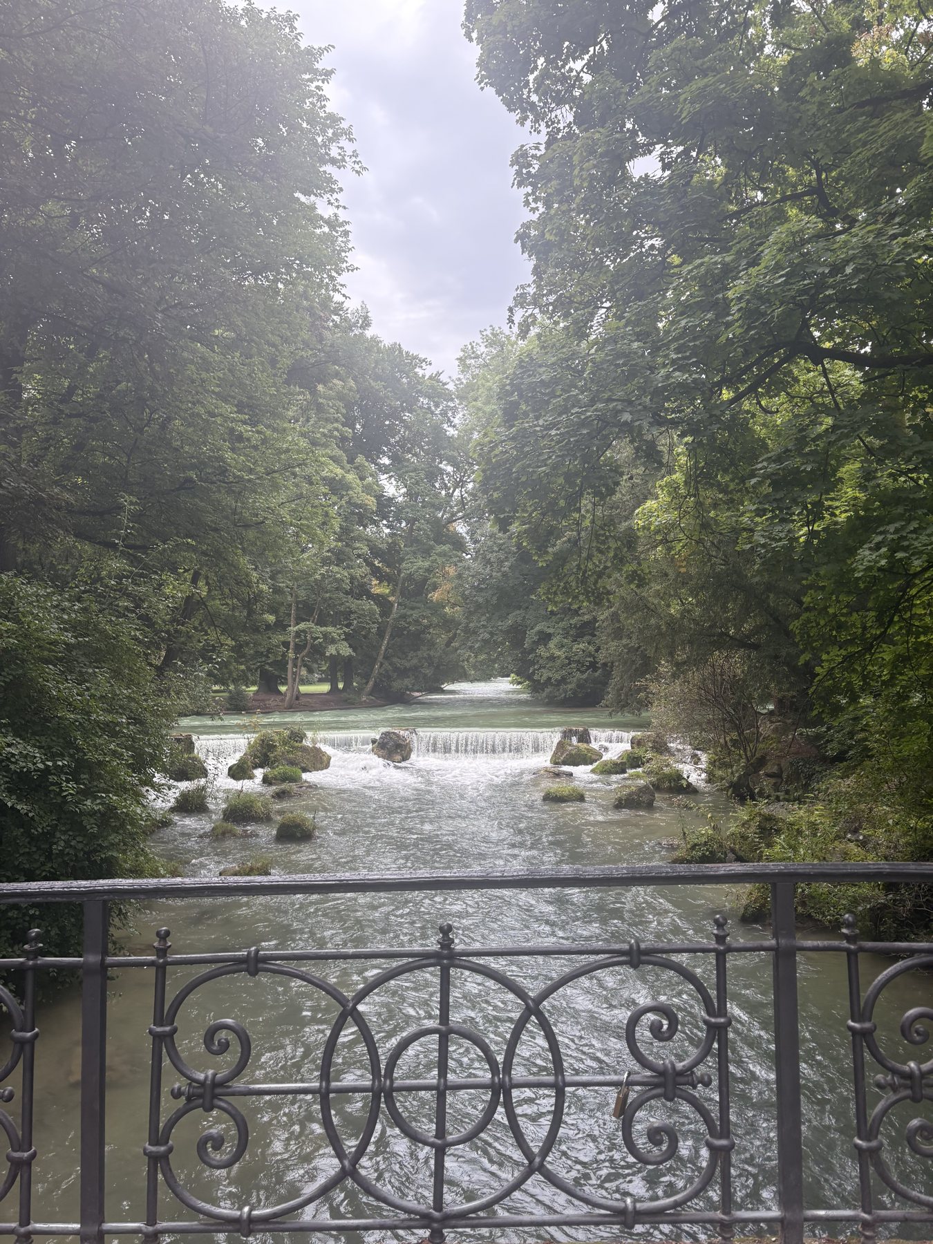 A clear stream running through trees in Munich's English Garden