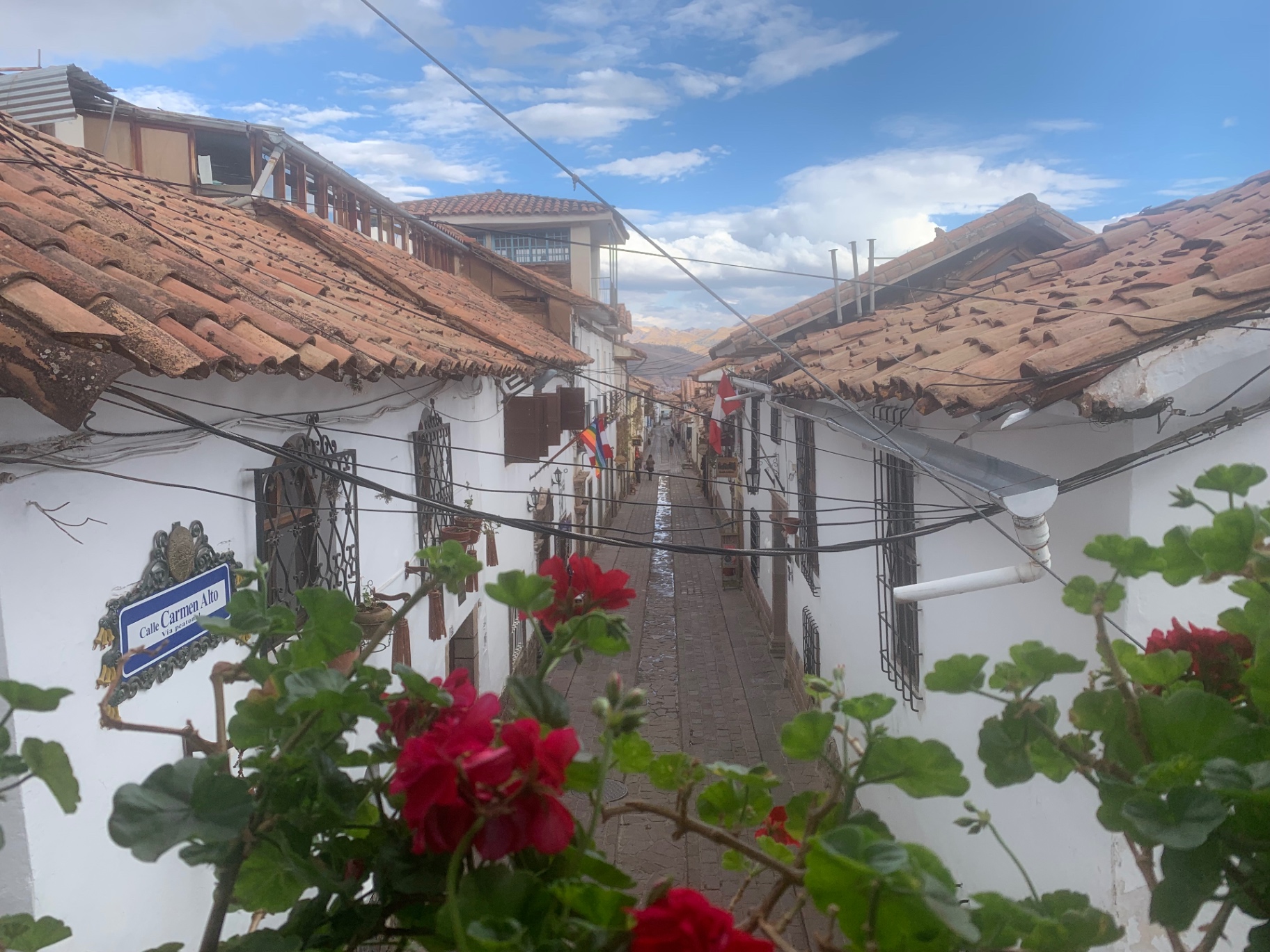 Calle Carmen Alto in Cusco, red geraniums and terracotta roofs