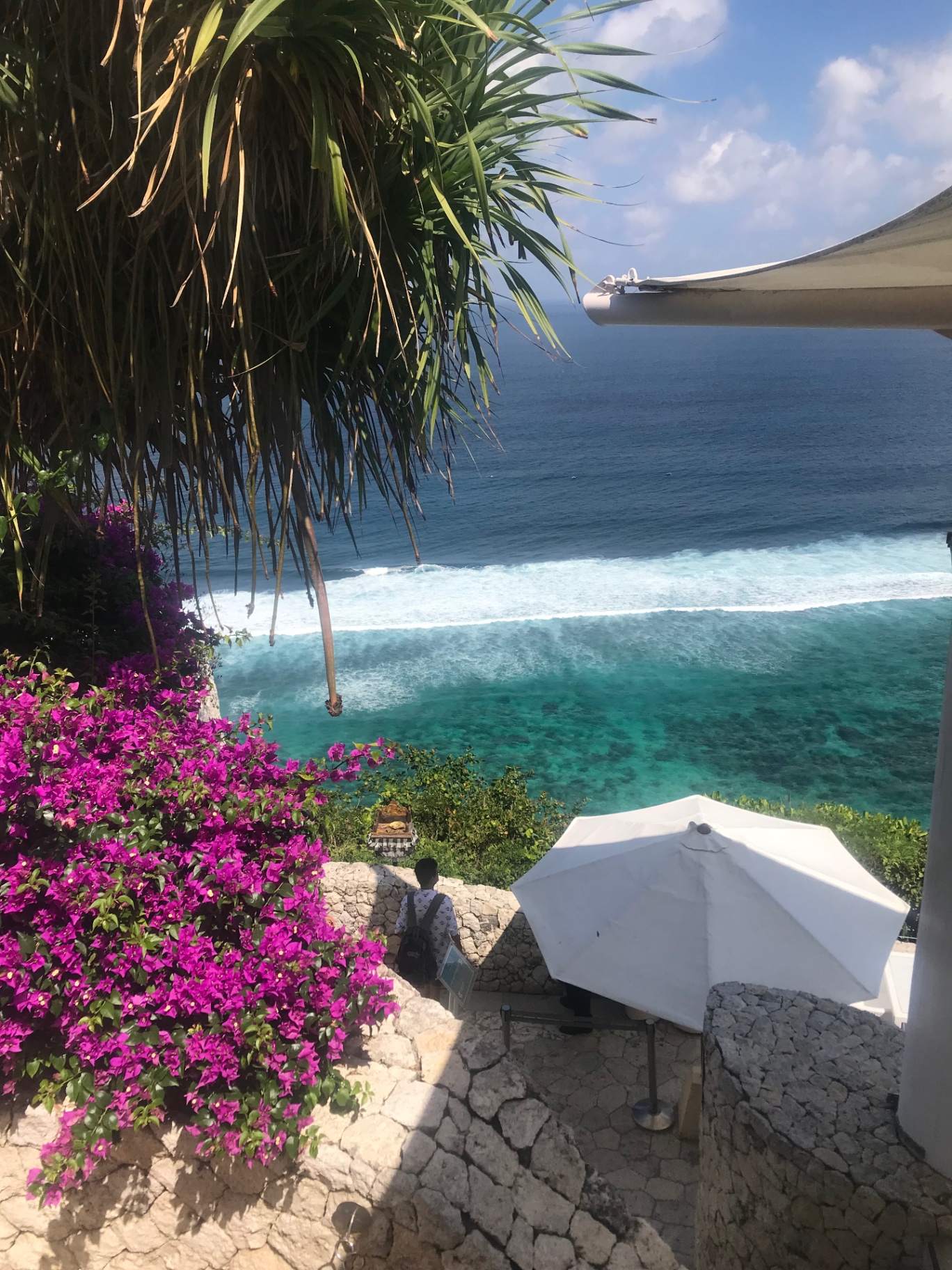 Bougainvillea and palms framing the turquoise reef break below an Uluwatu cliff