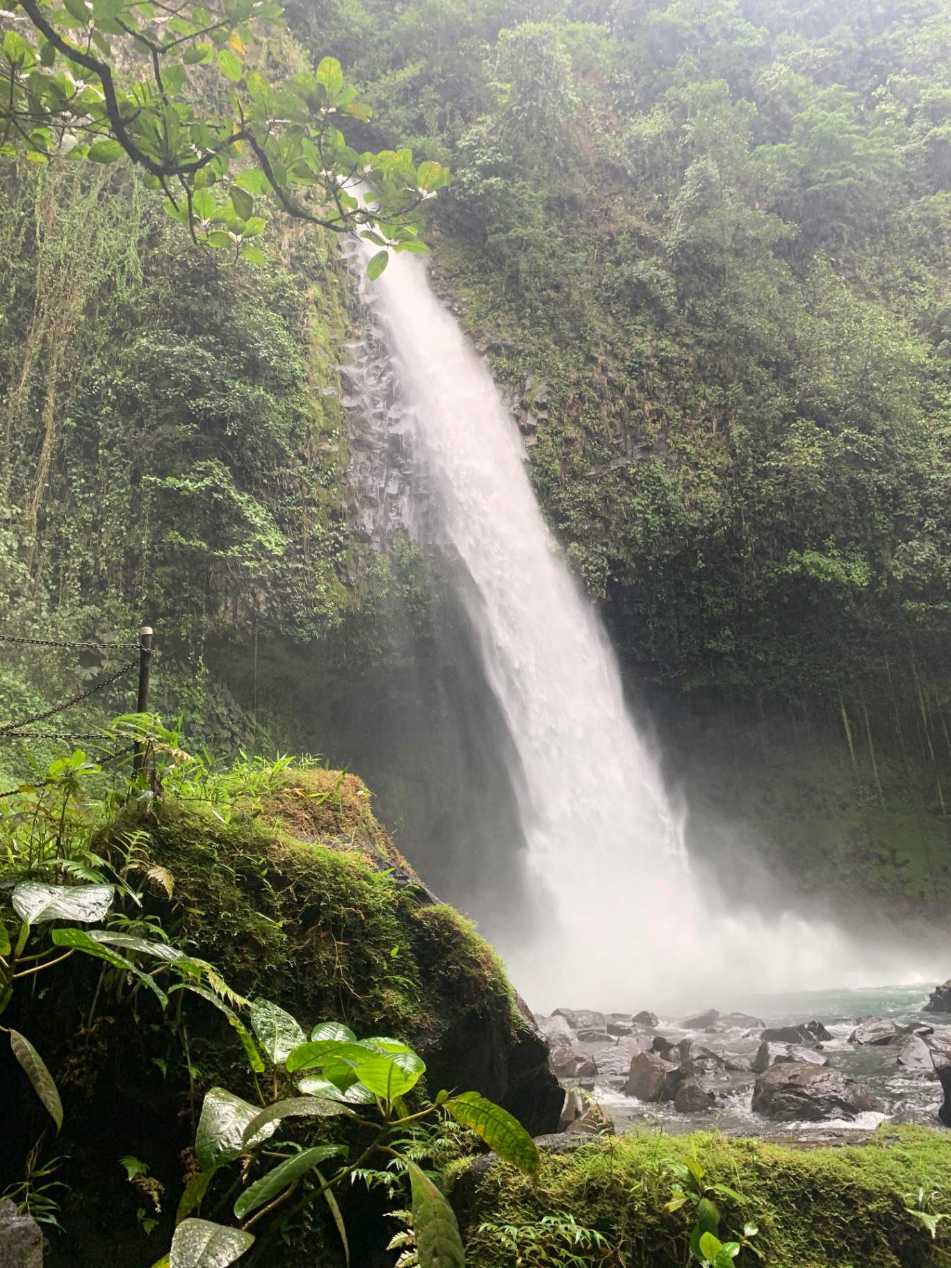 La Fortuna waterfall pouring down a mossy cliff into a misty pool