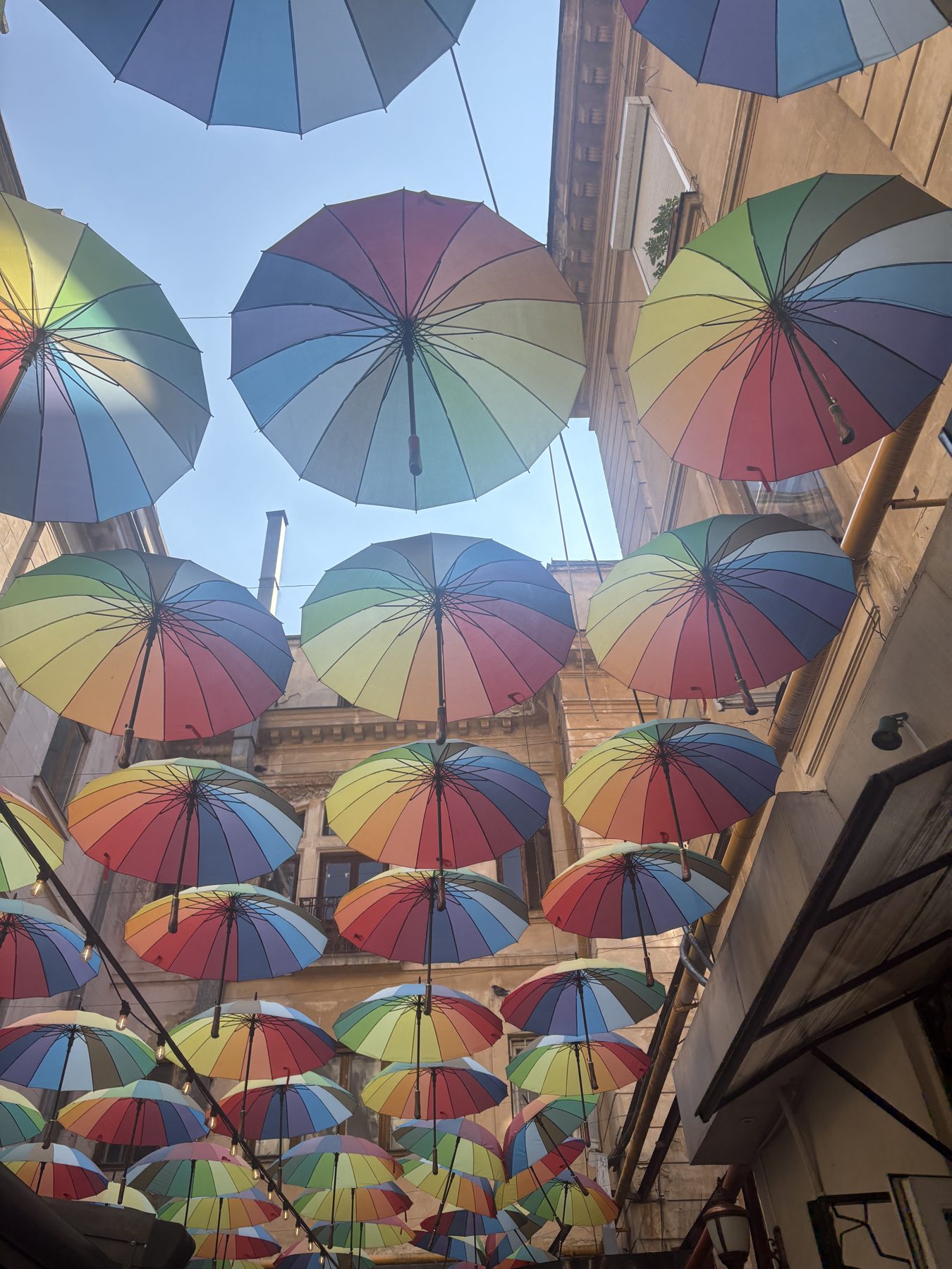 Colourful umbrellas strung above a Bucharest lane