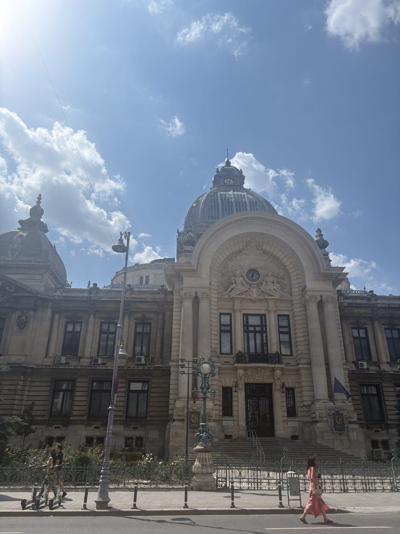 An ornate historic facade in central Bucharest