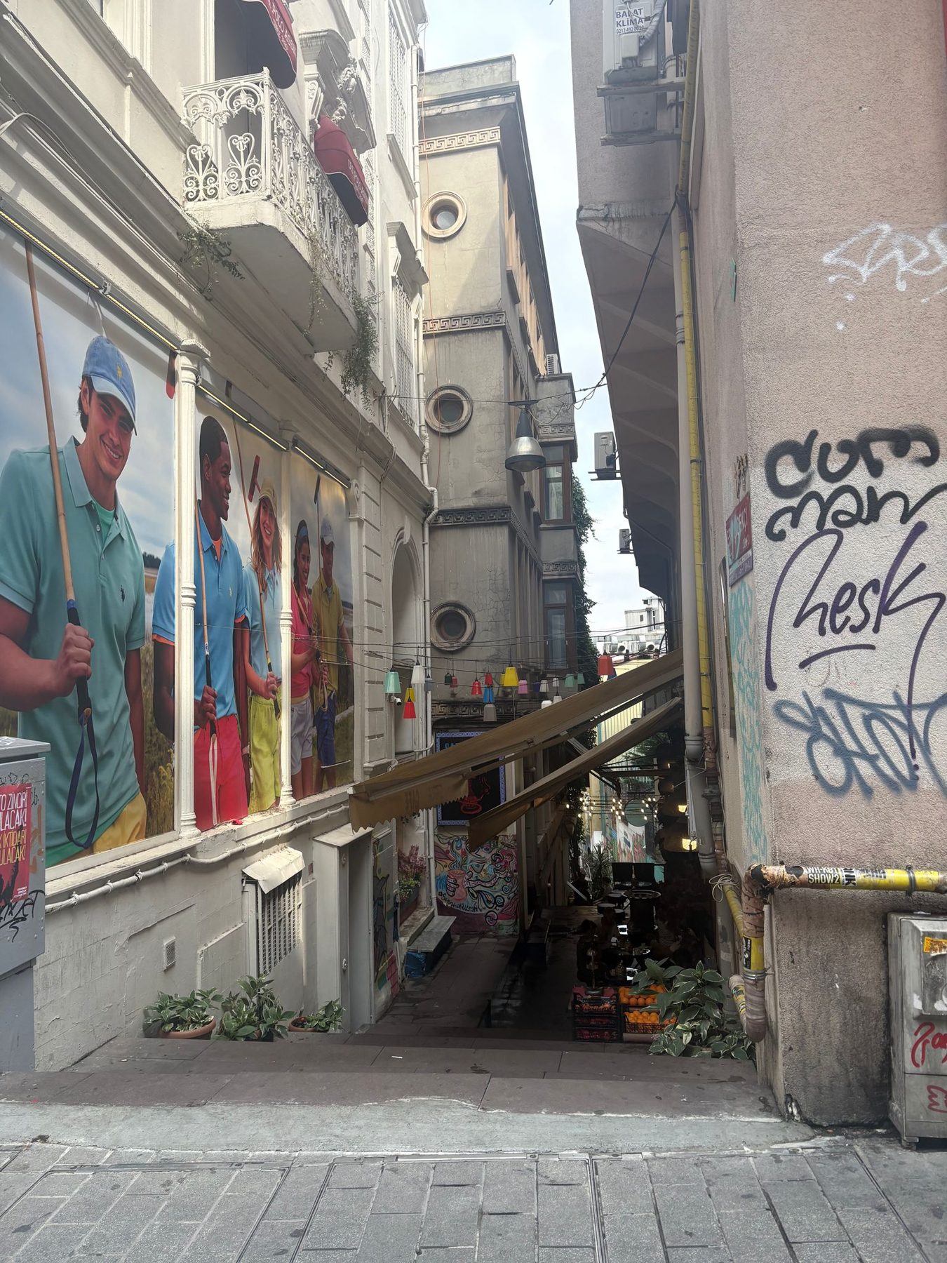 A large mural on a building above a graffitied alley