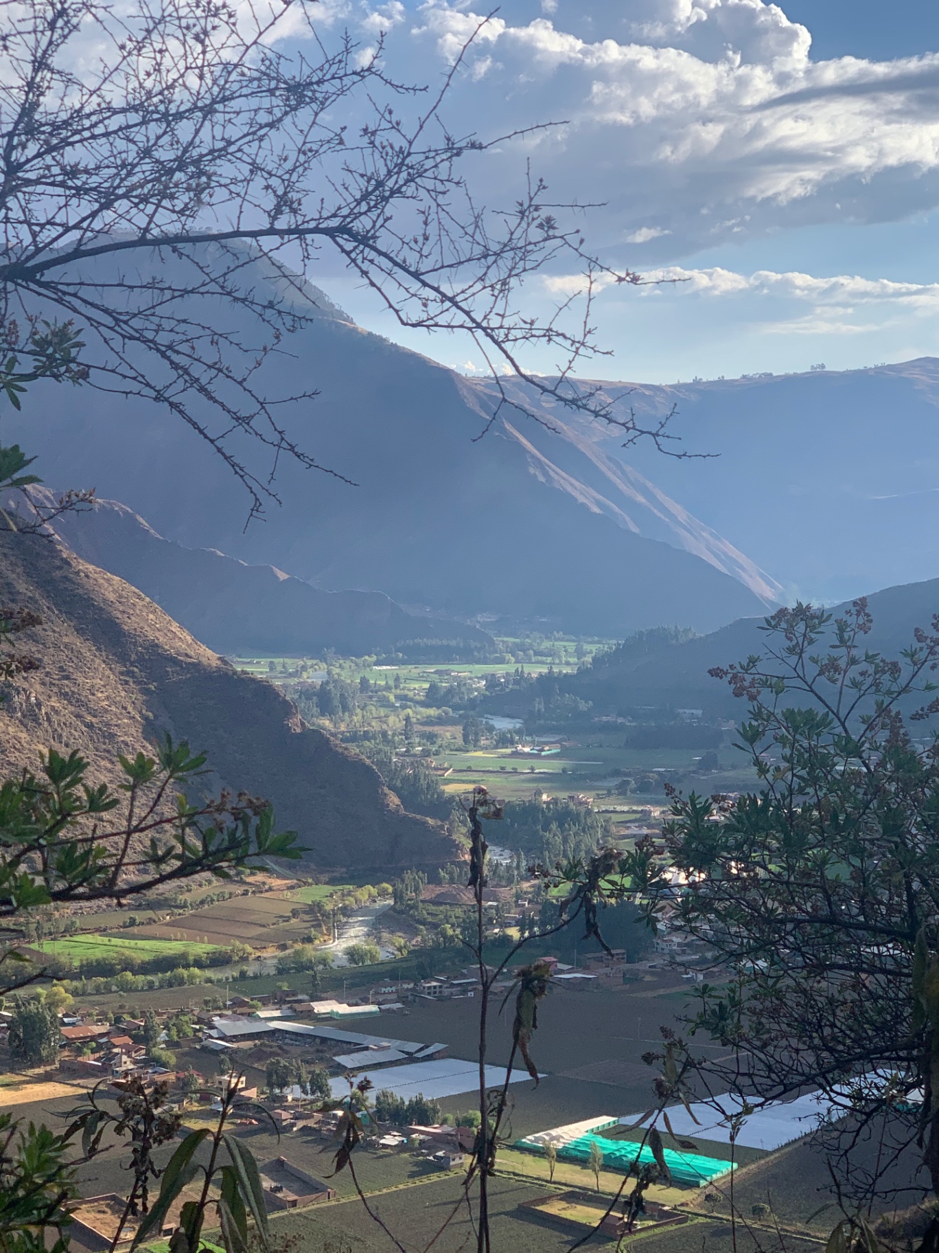 Hazy view down the Sacred Valley through bare branches