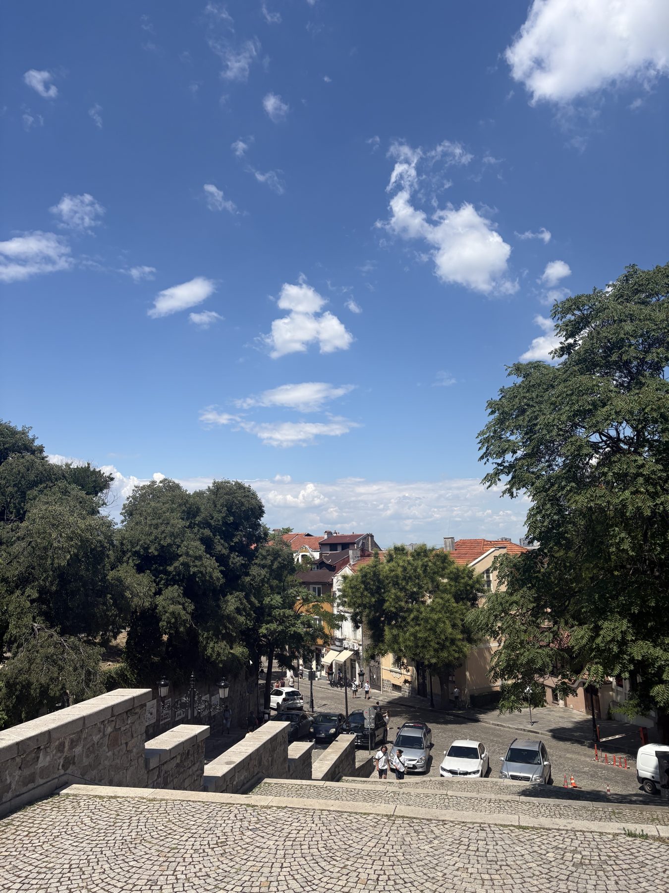 A view over Plovdiv rooftops and trees from the Old Town wall