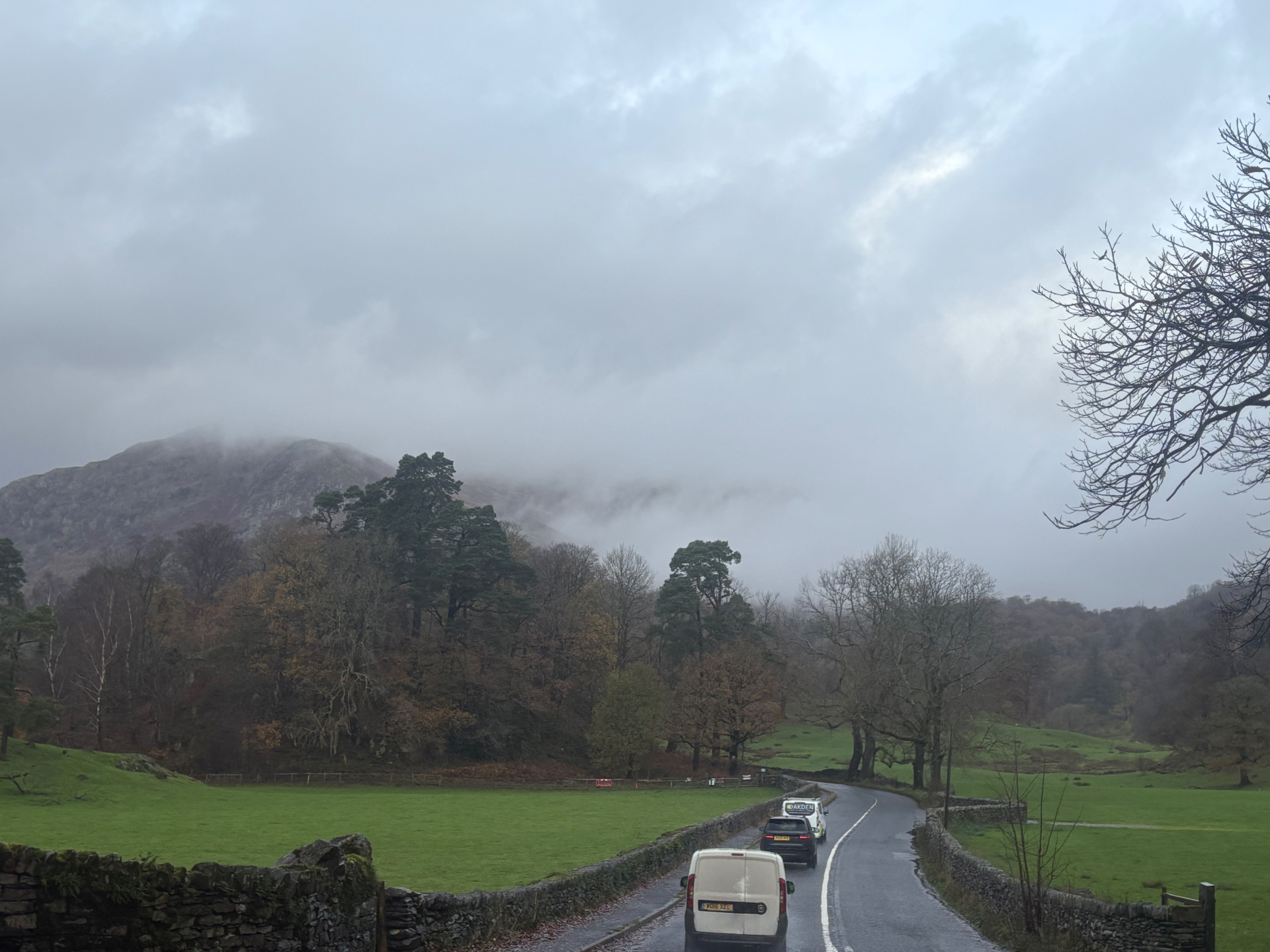 Cloud sitting low on the fells above the road at Rydal